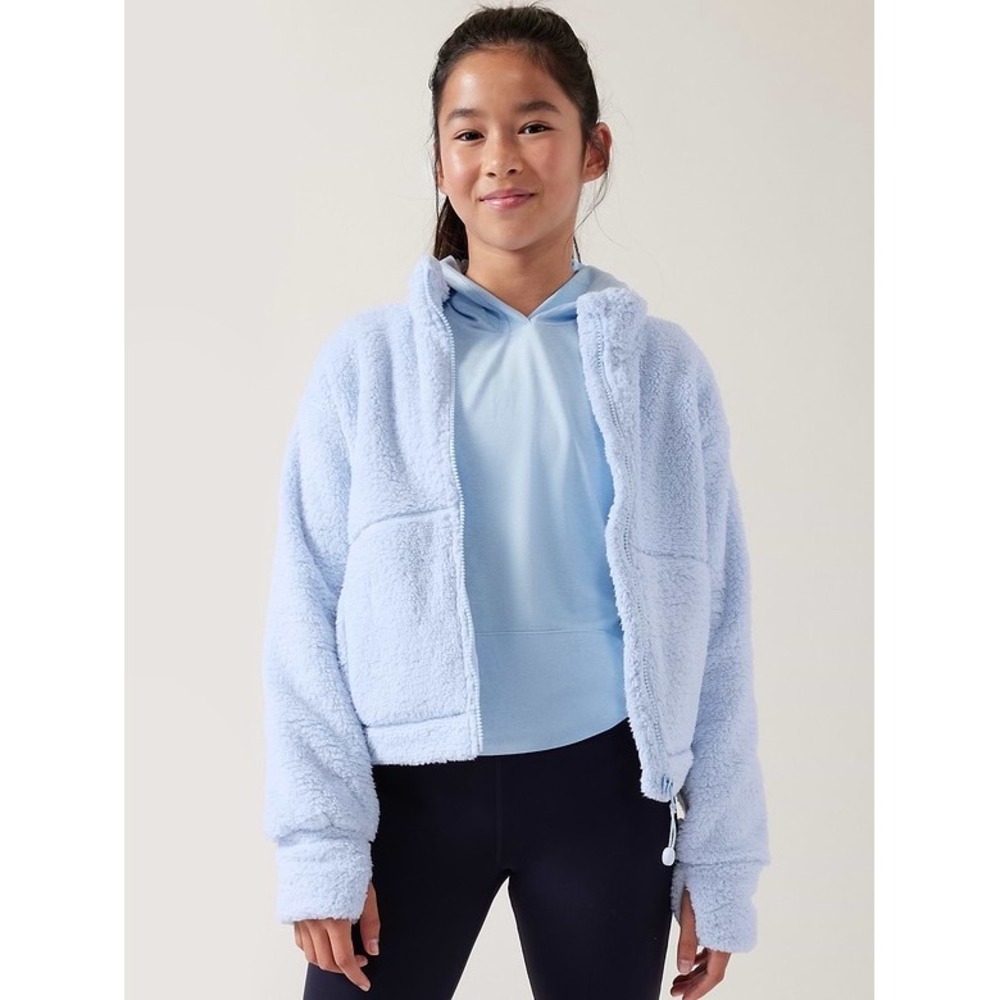 Athleta Girl Tugga Sherpa Fleece Jacket Light Blue Full Zip Thumbholes Size L 12